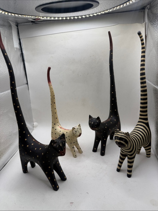 Other - Vtg Hand Carve Bali Wood Long Tail Cat Figurine Set 4 Folk Art Decor Collectible